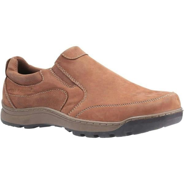 Hush Puppies Jasper Mens Casual Slip On Smart Leather Shoes, tan leather slip-on shoes with comfortable design and textured accents.