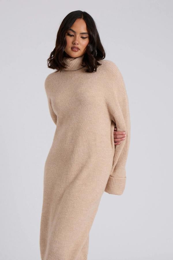 Urban Bliss Camel Roll Neck Midi Dress