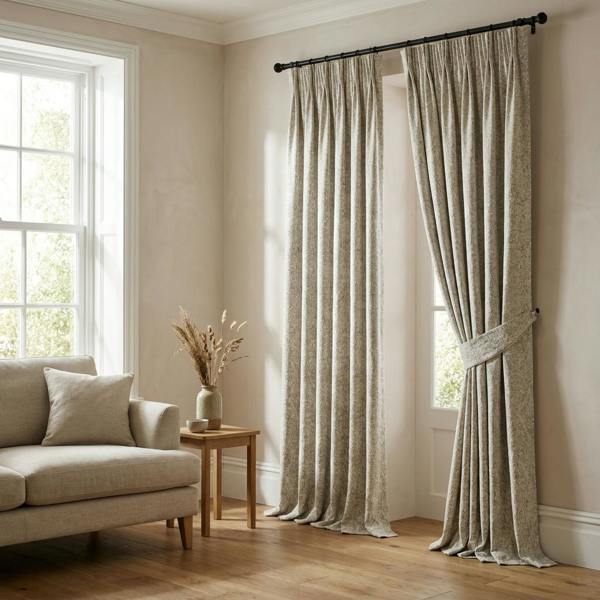Celeste made-to-measure curtains in Linen, styled in a living room