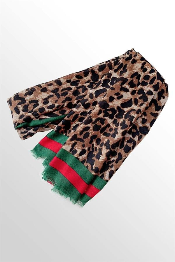 FS Collection Leopard & Strip Print Fringed edges Scarf In Green & Red