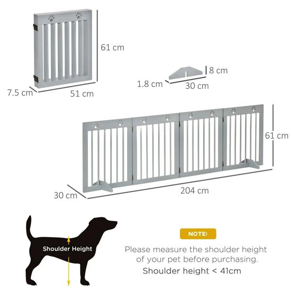 Grey 4-panel wooden pet gate showing dimensions, vertical bars, and paw print details