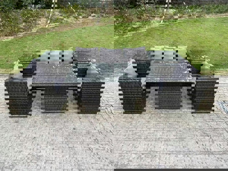Fimous Rattan Garden Furniture Sofa Set Outdoor Adjustable Rising Lifting Dining Table Set with 2 Armchairs 2 Side Tables Dark Grey Mixed