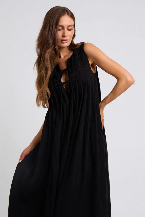 Urban Bliss Tie Front Linen-Blend Pleated Maxi Dress