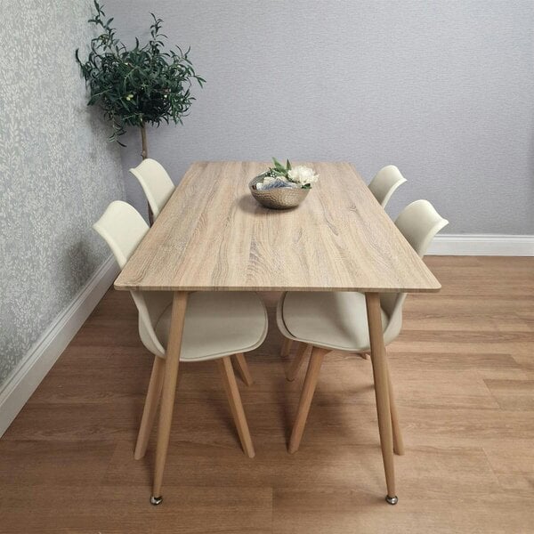 KOSY KOALA 4 Seater Modern Dining Table 140cm with Wood Effect Metal Leg and 4 Cream Chairs for Kitchen & Dining Room Furniture Set