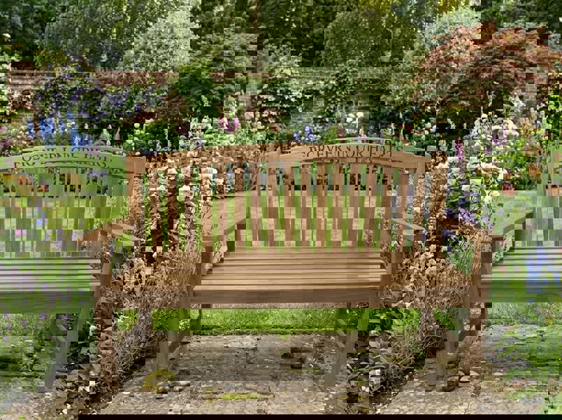 Memorials Direct Bowback Teak Memorial Bench – Engraved Directly Into the Wood