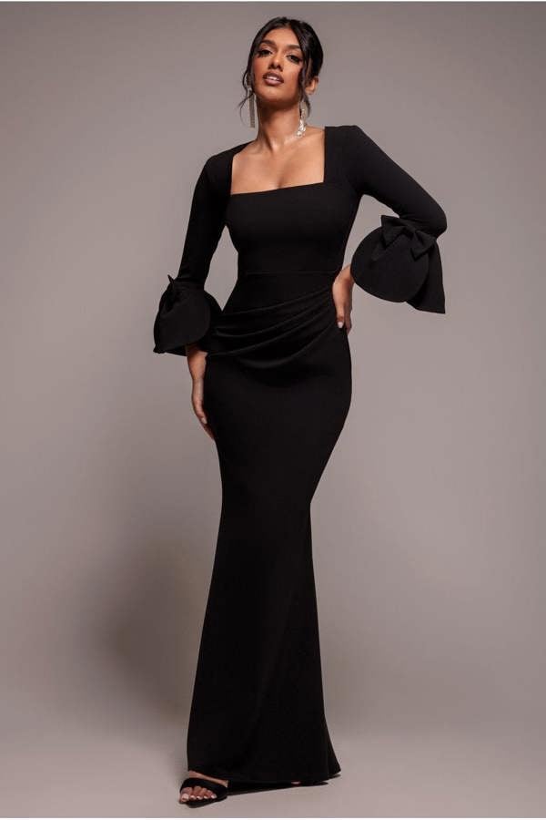Petal Bow Sleeve Frill Maxi Dress - Black DR4767