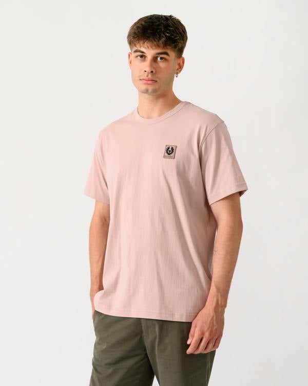 model wearing a Belstaff Mens Icon Logo T-Shirt in Dusk Pink