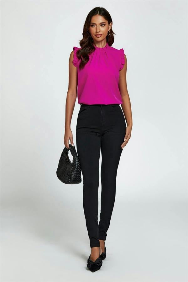 FS Collection Frill Trim Sleeve Frill Neck Blouse Top In Magenta