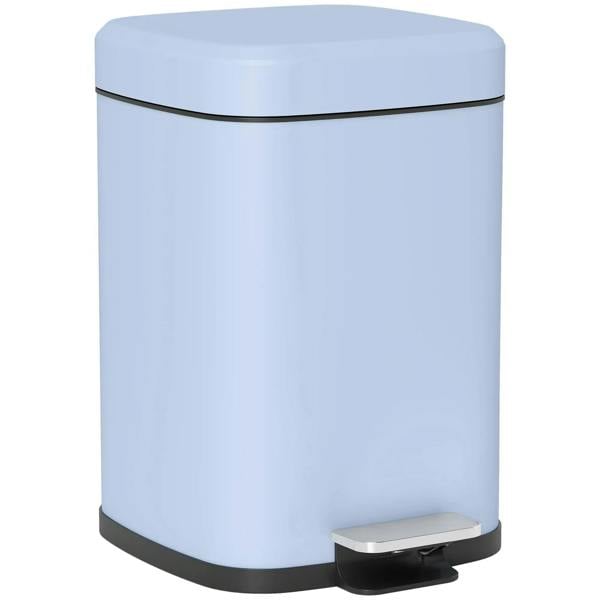 Light blue metal kitchen bin with closed lid and foot pedal base