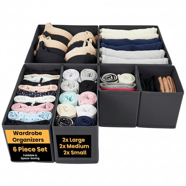 LKH HOME COLLECTION LKH Clothes Drawer Organiser Set of 6 - Non-Woven Foldable Wardrobe Storage Boxes for Clothes, Underwear, Bras & Accessories
