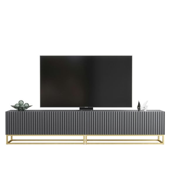 Mex Furniture Modular Grey TV Unit with Gold Base 200cm – Fluted Fronts & Push-Down Doors
