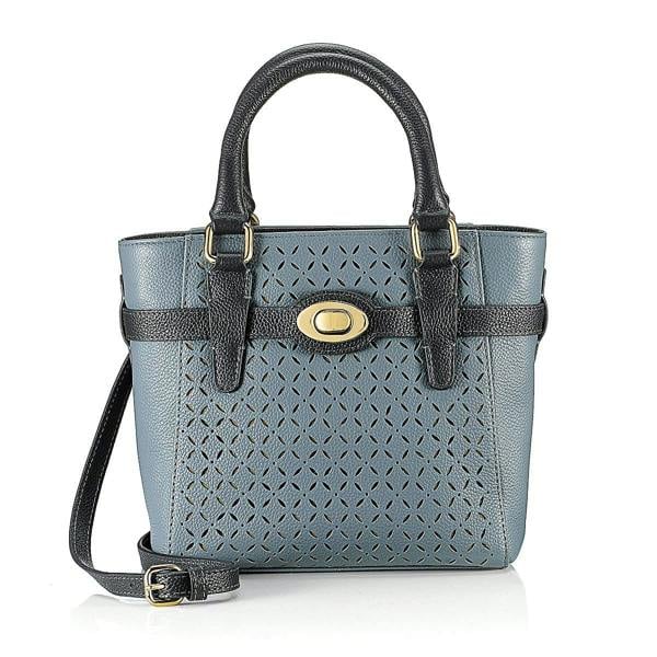 Pia Denim Blue Leather Mini Tote Bag, Laser-Cut Detail with Gold Fittings