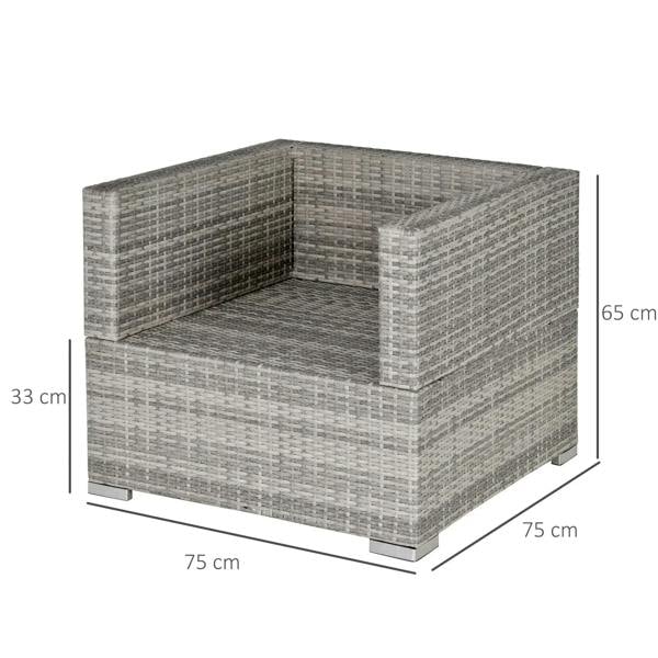 Grey single seater rattan armchair with thick seat and back cushions, open side view