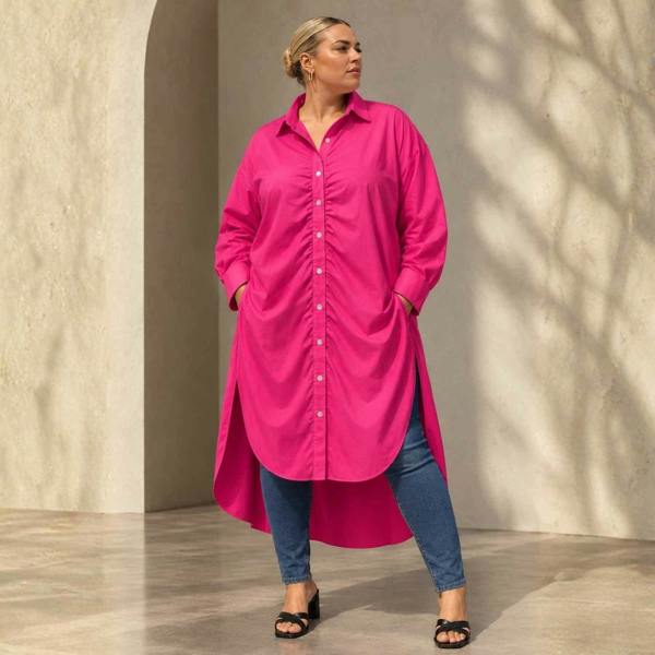 Sylvia Piechulla Plus Size Pink Ruched Longline Cotton Shirt Dress