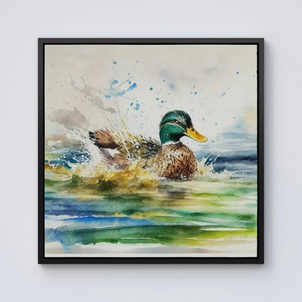 Warren Reed Splashing Mallard Watercolour Framed Canvas