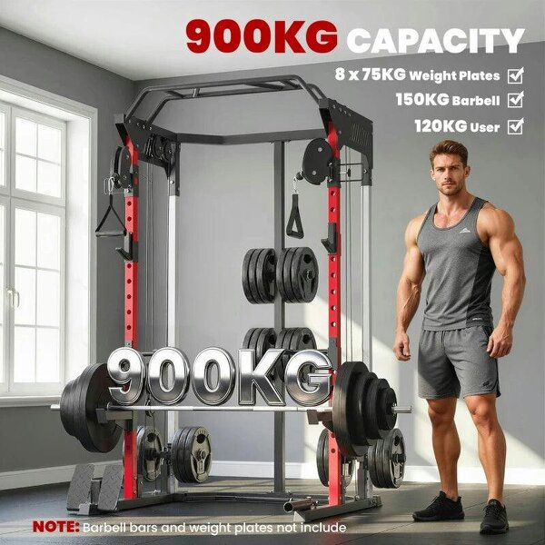 Power Cage, Power Rack with Adjustable Cable Pulley System, Pull-Up Bar, Dip Station, Landmine