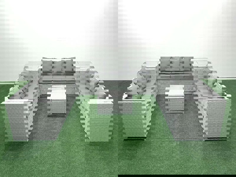 Fimous Rattan Garden Outdoor Furniture Set 9 Seater Rattan Garden Sofa Set with 2 Side Tables Light Grey Mixed