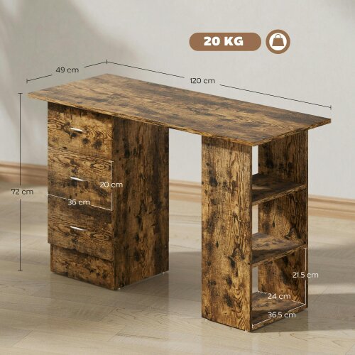 Wyld Haus Lomoto 120cm Rustic Brown Home Office Desk With 3 Shelves And 3 Drawers