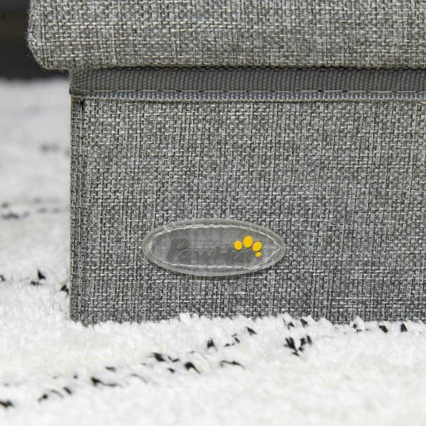 Light grey fabric pet stairs with oval brand logo patch on the step side