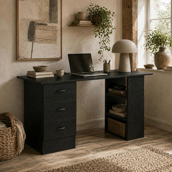Wyld Haus Malilu 120cm Wooden Black Home Office Desk With 3 Shelves And Drawer Storage