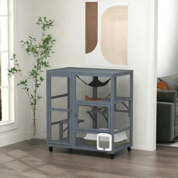 Cat House, Wooden Indoor Catio Cat Enclosure on Wheels, Wooden Kitty Cage with Platforms, Hammock, Light Grey - Light Grey