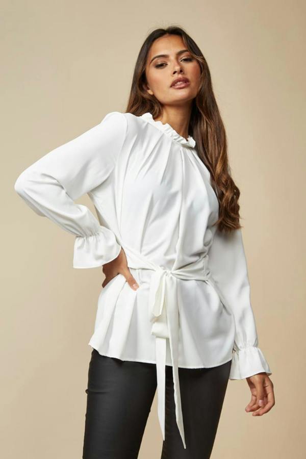 Hoxton Gal Oversized Tie Ruffle Neck Top with Tie Waist Detailed in White