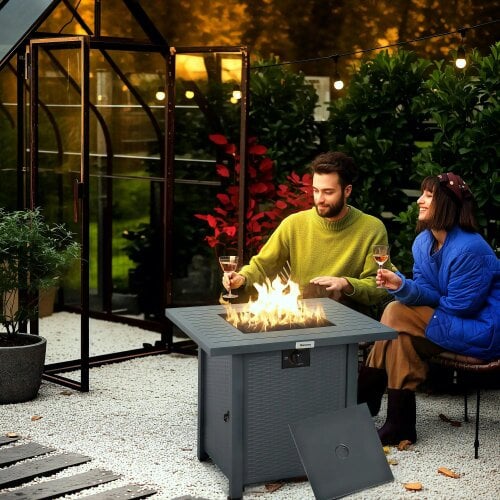 Bobobiy Rattan-style Propane Gas Fire Pit Table with 40, 000 BTU Burner, Waterproof Cover, Grey, 40,000