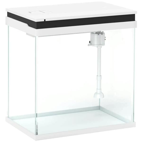 White glass fish tank with black top lid and built-in filter pump