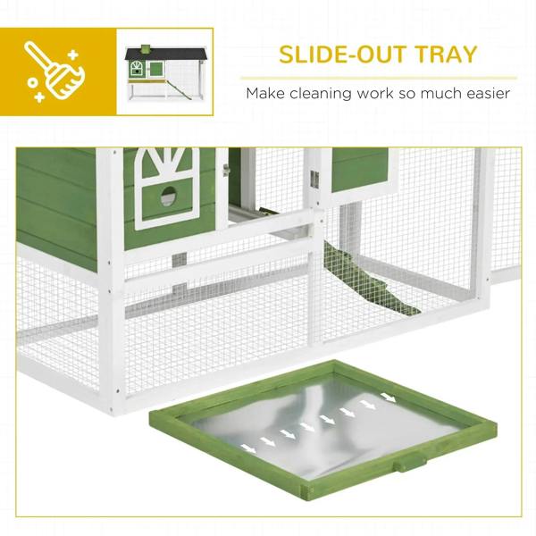 Green rabbit hutch with slide-out tray, mesh walls, and ramp access