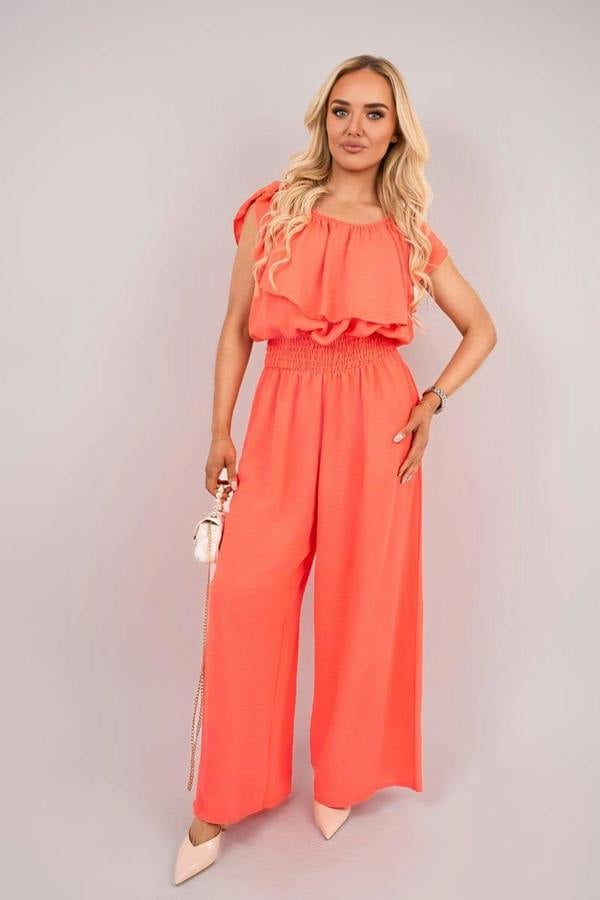 Tawnie Off Shoulder Flared Wide Leg Jumpsuit With Ruffle Detail - Coral