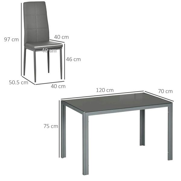 Grey dining chair and glass dining table with metal frame, size diagram