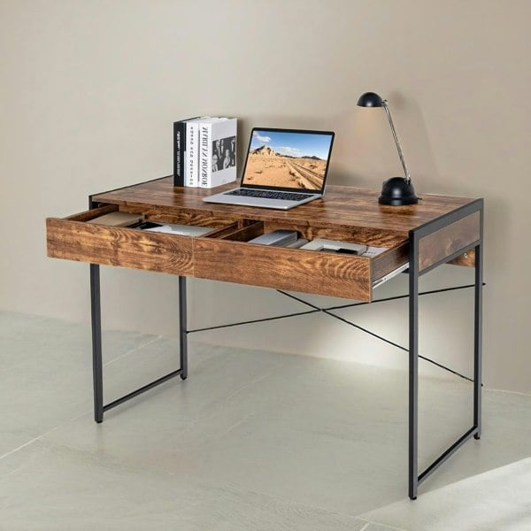 Rafaelo Mobilia Industrial 112CM Wide Writing Desk With 2 Drawers Rustic Brown