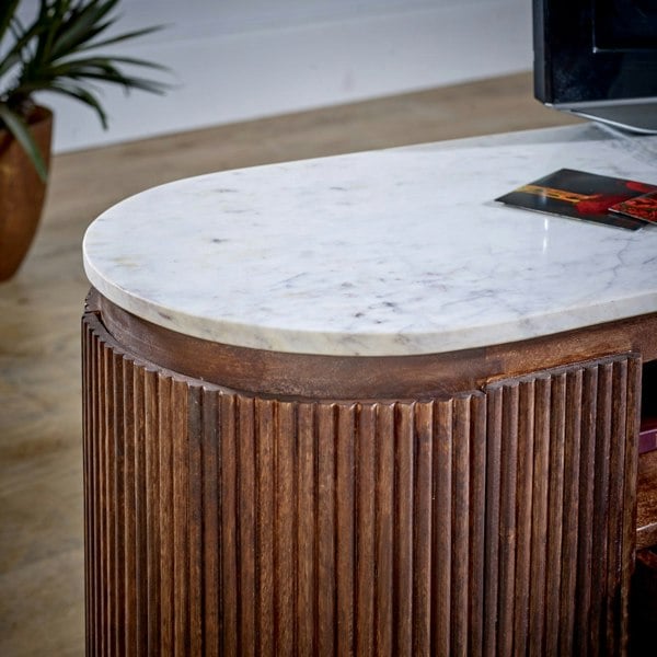 IH Design Miel Mango Wood Large TV Stand With Marble Top & Metal Legs