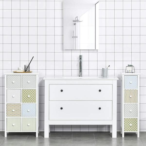 Bathroom storage cabinets with patterned drawer fronts and round knobs on white frames.