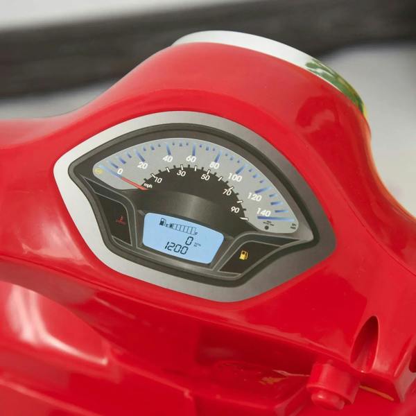 Red electric motorbike dashboard with digital screen, speed gauges, and indicator icons
