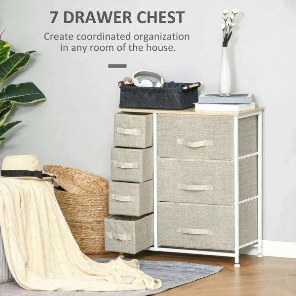 Seven-drawer fabric chest with light wood top, metal frame, six fabric drawer handles