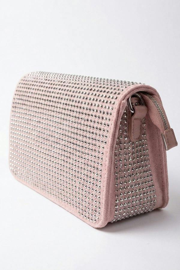 Pearl Diamante Flap Crossbody Bag - Pink