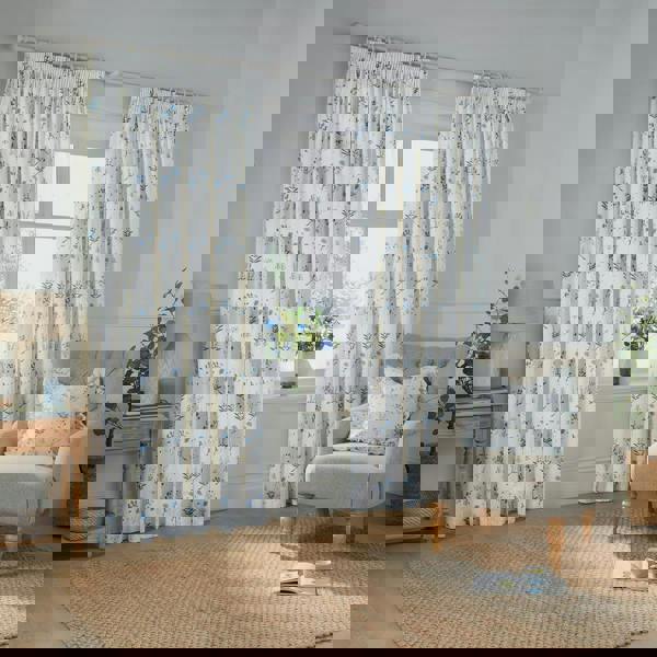 Wylder Lined Meadow Pencil Pleat Curtains - White/Cornflower