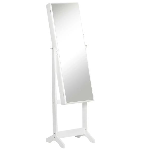 White full-length jewelry cabinet mirror with adjustable standing frame