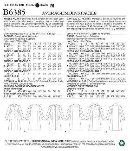 Butterick Sewing Pattern 6385, Coats for Women, 6-8-10-12-14 - Intermediate