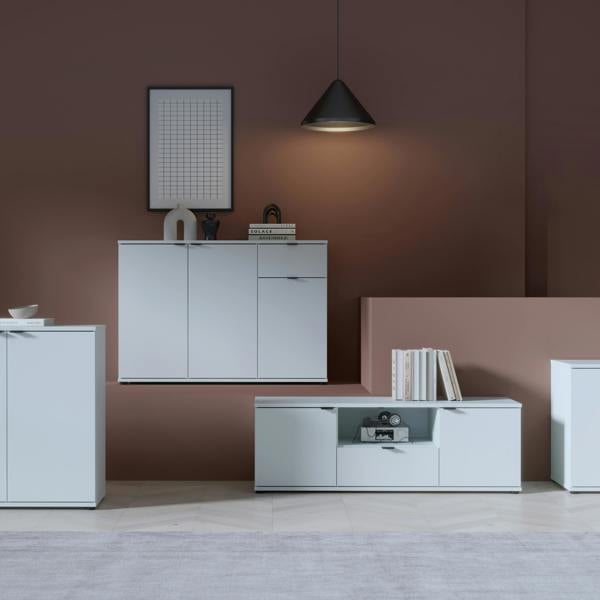 Furniture To Go Ganymede Wide TV Unit with Open Shelf, Drawer & 2 Doors in Light Grey