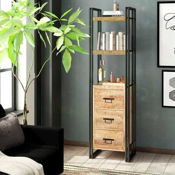 IH Design Herica Industrial Mintis Narrow Bookcase with 3 Drawers