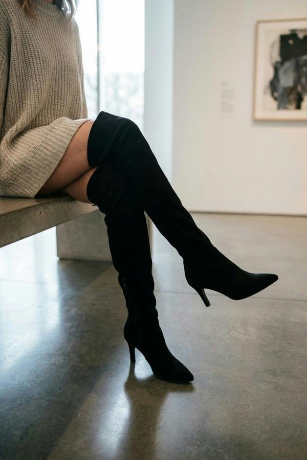 Ines Faux Suede Over The Knee Boots - Black