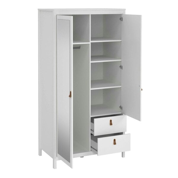 Wyld Haus Wildberry Matt White Wooden Mirror Wardrobe 2 Doors 2 Drawers Leather Handles