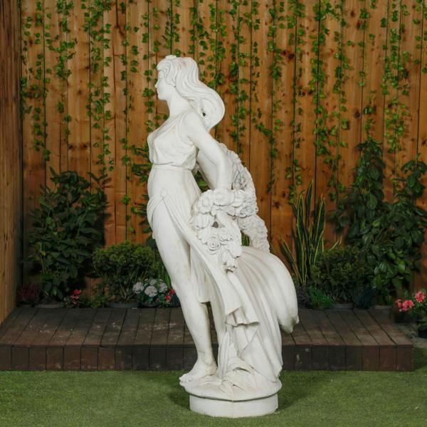Elegant White Stone Cast Lady With A Rose Garland  1 m 76 Tall 