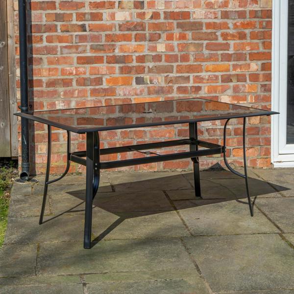Samuel Alexander Outdoor 4 Person Rectangular Glass Top Garden Dining Table Chairs With Black Banana Lit Parasol and Base Set