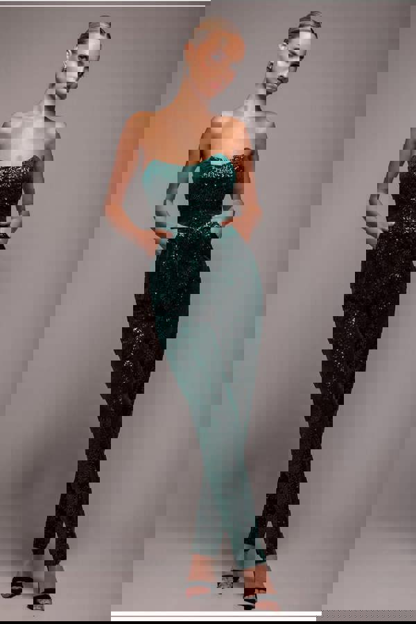 Sequin & Velvet Corset Jumpsuit - Emerald Green TR365
