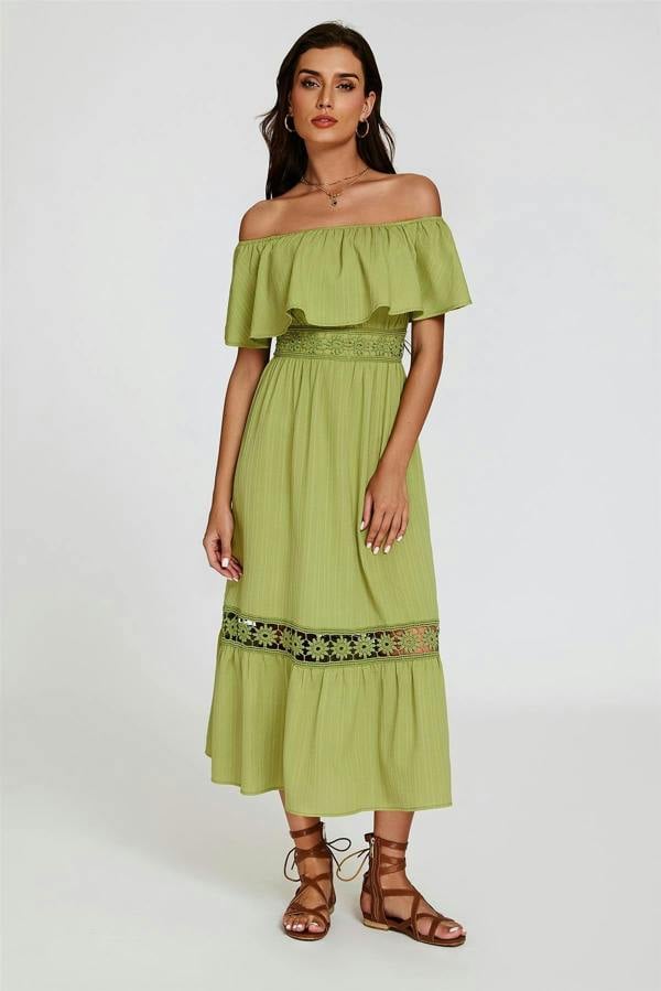 FS Collection Lace Detail Bardot Maxi Dress In Green
