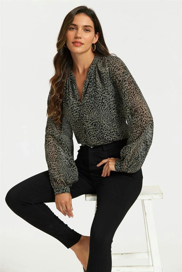 FS Collection Gold Foil Leopard Print long sleeve Blouse Top In Black