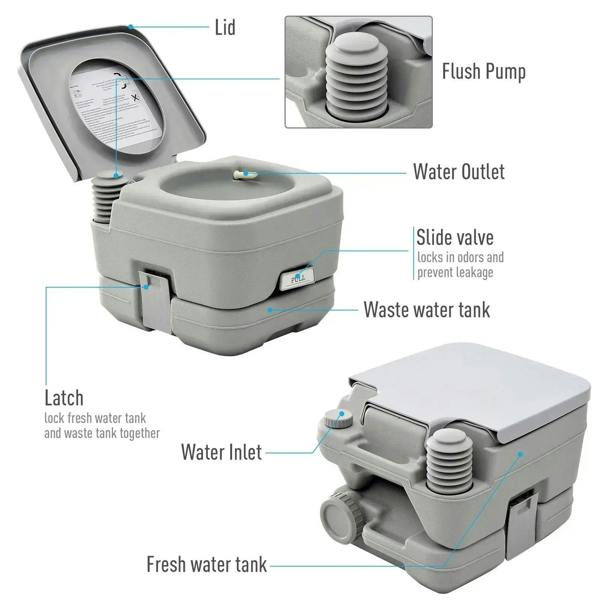 Grey portable toilet design showing fresh-water inlet, slide valve, and waste tank